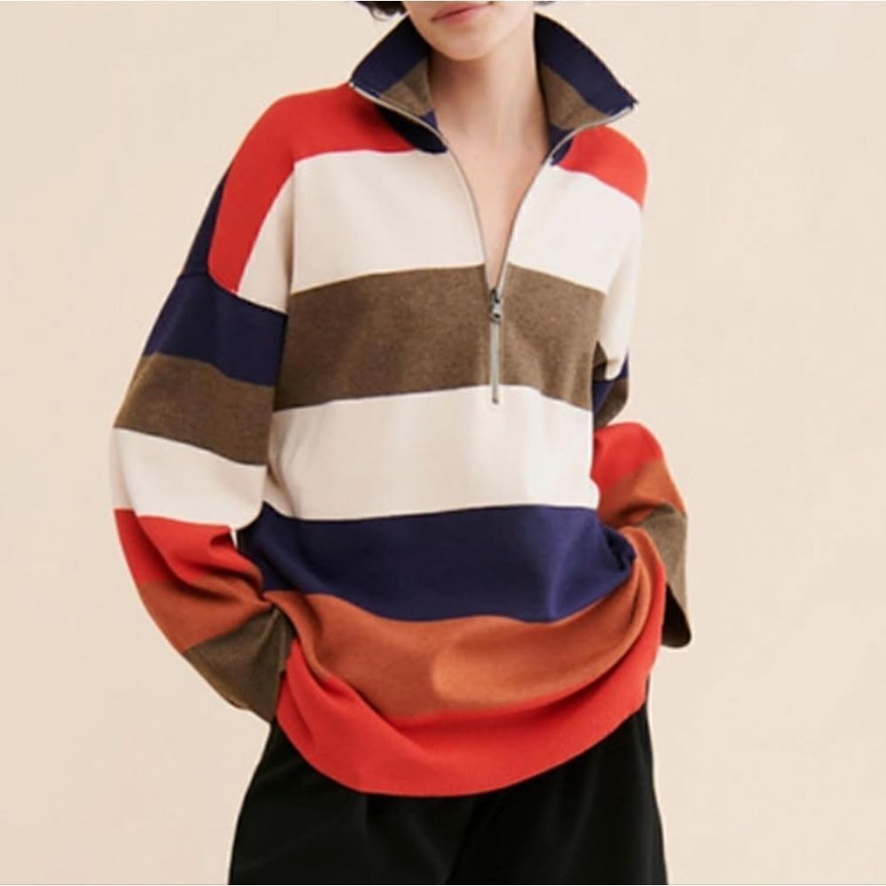 Women's NEW Lapel Sweaters Long Sleeve V Neck Striped Print/Contrast Color Knit